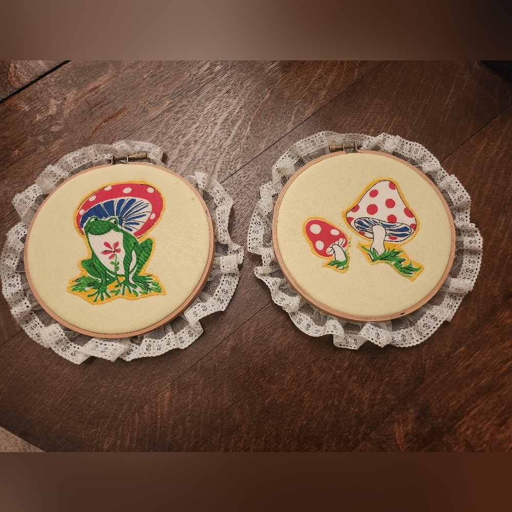 Vintage Mushroom and Frog Patches sewn on fabric wall mount
